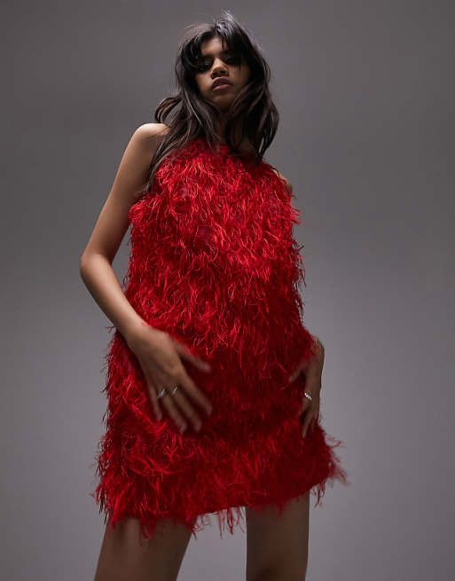Topshop faux feather mini dress in red | ASOS