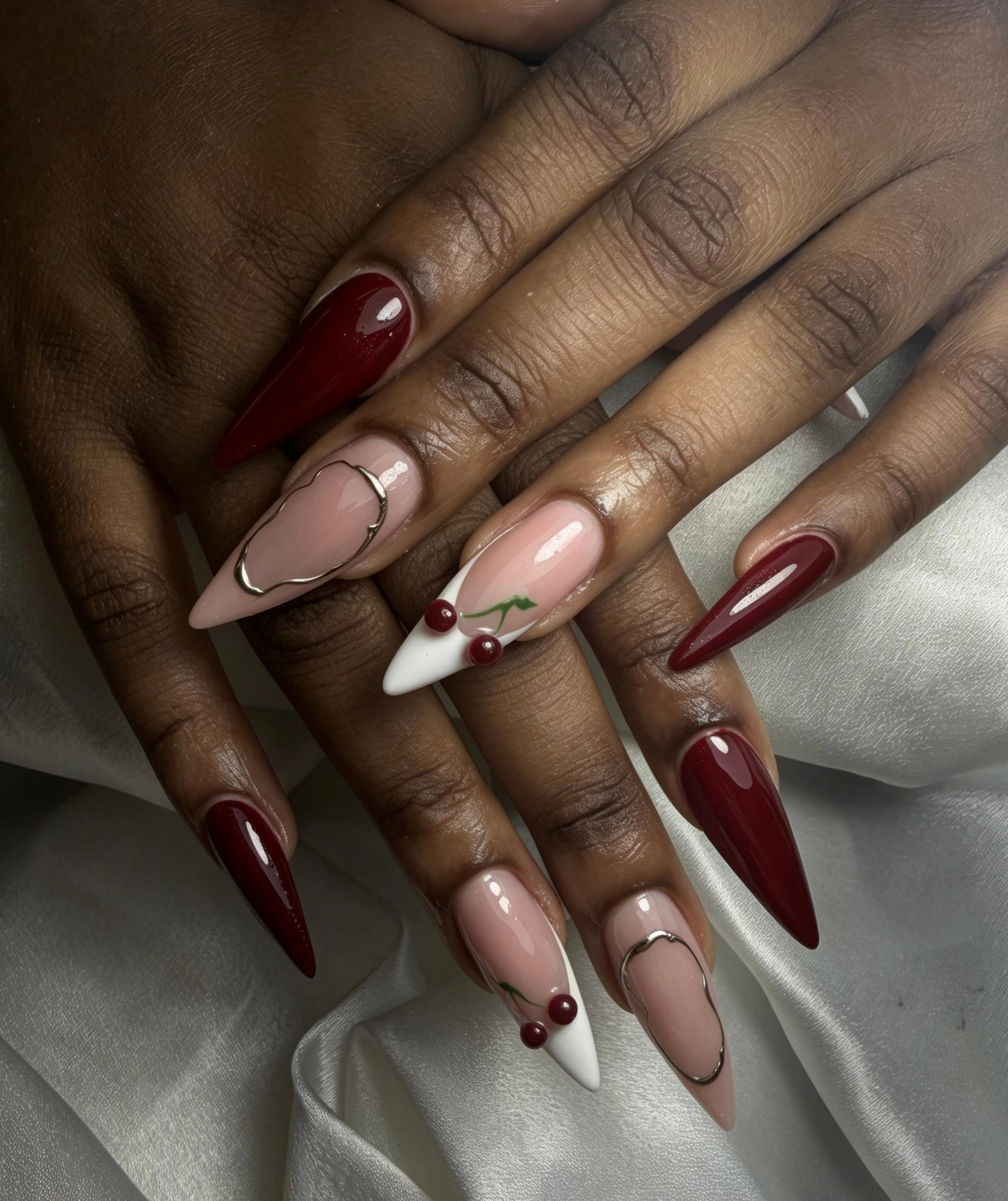 Deep Red Cherry Charm Stiletto Nails Deep Red Cherry Charm Stiletto Nails — Long Nails 2027