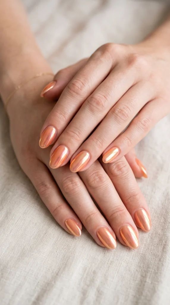 Smooth Iridescent Peach Chrome Almonds Smooth Iridescent Peach Chrome Almonds — Peach Chrome Nails 2027