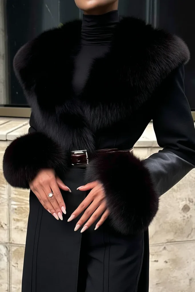 Black Coat with Fur Collar and Cuffs for a Chic Winter Statement — Dressy Winter Outfits 2027