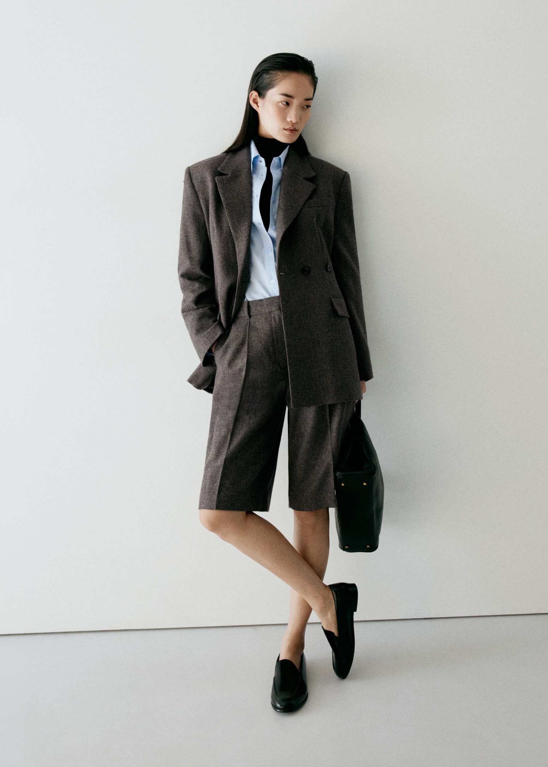 Brown Bermuda Shorts Suit with Light Blue Shirt and Tie — Office Outfits for Women 2027