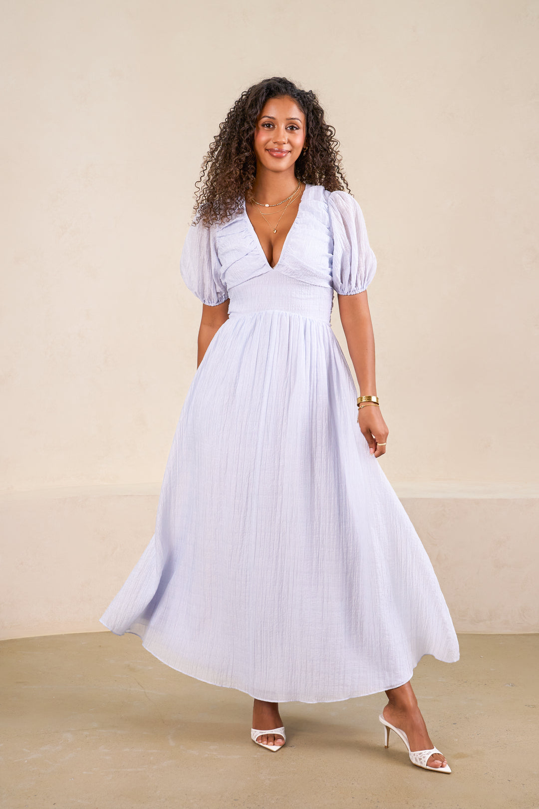 Light Blue Gauze Maxi Dress with Sheer Puff Sleeves Light Blue Gauze Maxi Dress with Sheer Puff Sleeves — Puff Sleeve Dresses 2027