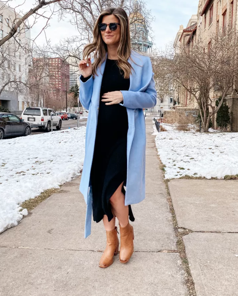 Elegant Light Blue Coat with Black Midi Dress Elegant Light Blue Coat with Black Midi Dress — Winter Blue Outfits 2027