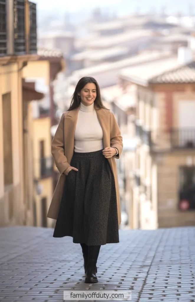 Camel Coat with Grey A-Line Skirt and Turtleneck Camel Coat with Grey A-Line Skirt and Turtleneck — Winter Outfits 2027 with Long Coat