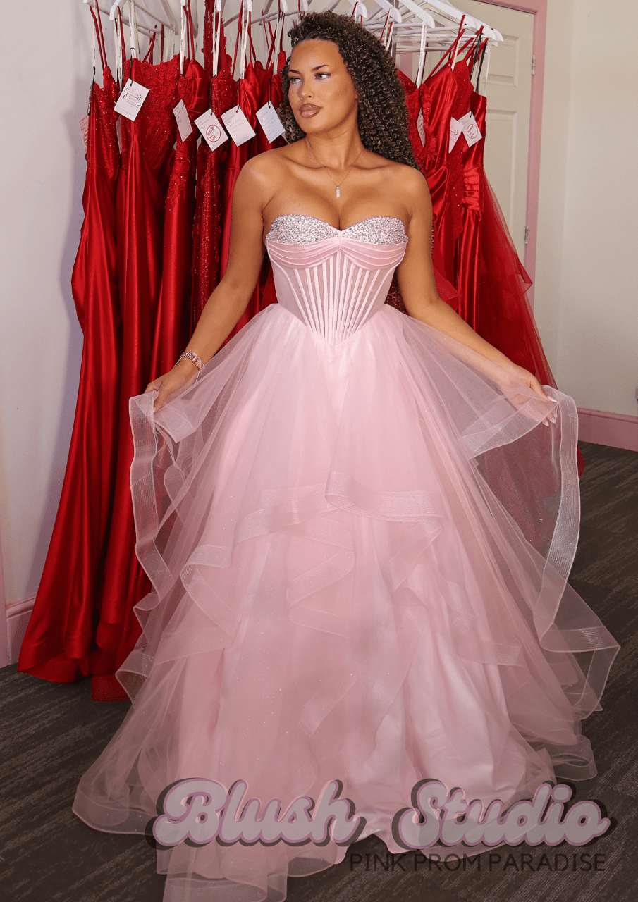 Pale Pink Ballgown with Corset Bodice and Glitter Ruffles Pale Pink Ballgown with Corset Bodice and Glitter Ruffles — Ruffle Dresses 2027