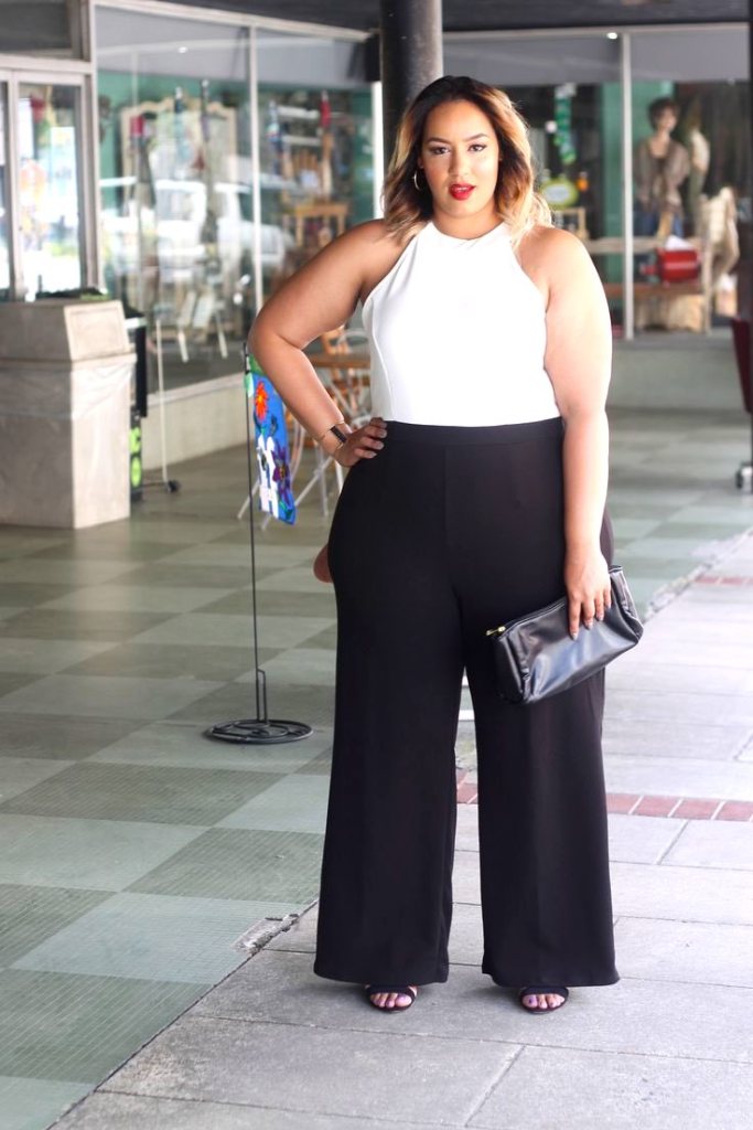 Elegant Black Wide-Leg Trousers with White Halter Top — Curvy Outfits 2027