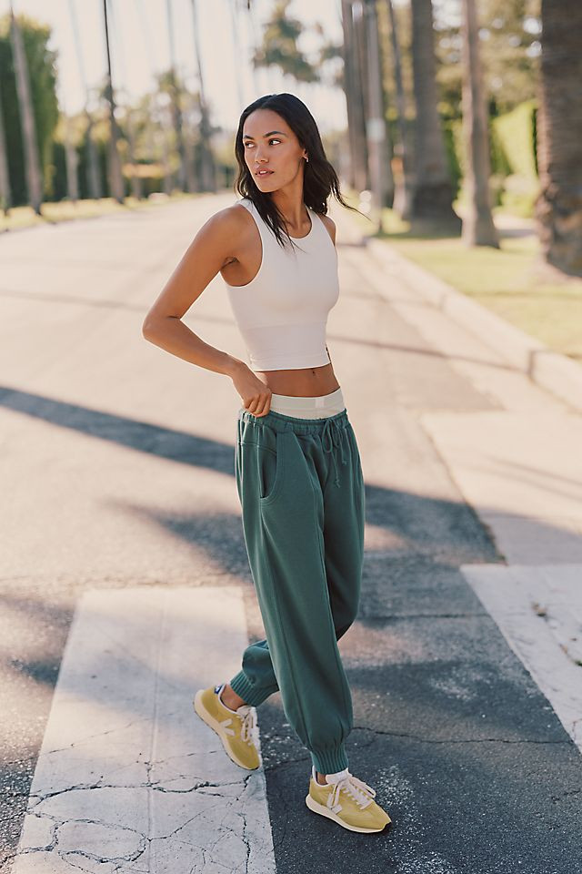 Casual Comfort: White Cropped Tank with Teal Sweatpants Casual Comfort: White Cropped Tank with Teal Sweatpants — Racerback Tank Top Outfits 2027