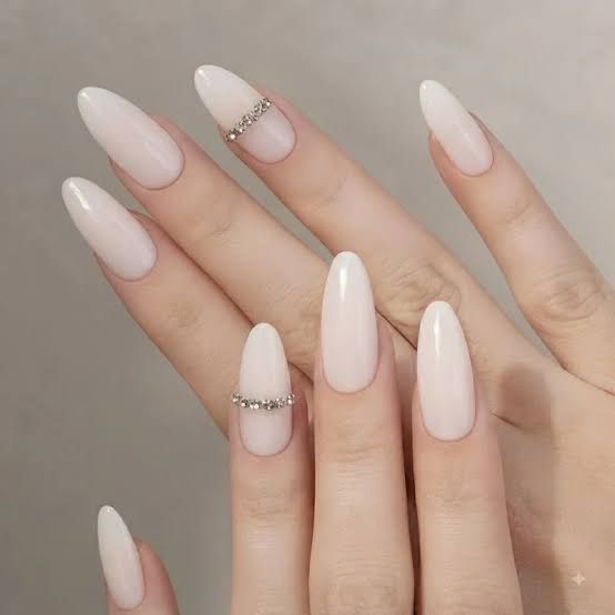 Milky White Pearl Band Rhinestone Nails Milky White Pearl Band Rhinestone Nails — Anniversary Nails 2027