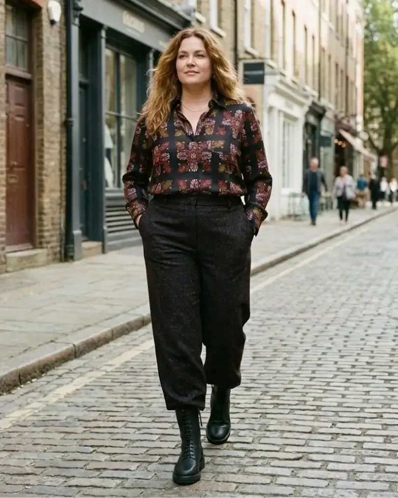 Brown Tweed Trousers and Floral Shirt: Relaxed Autumnal Vibe — Earth Tone Outfits 2027