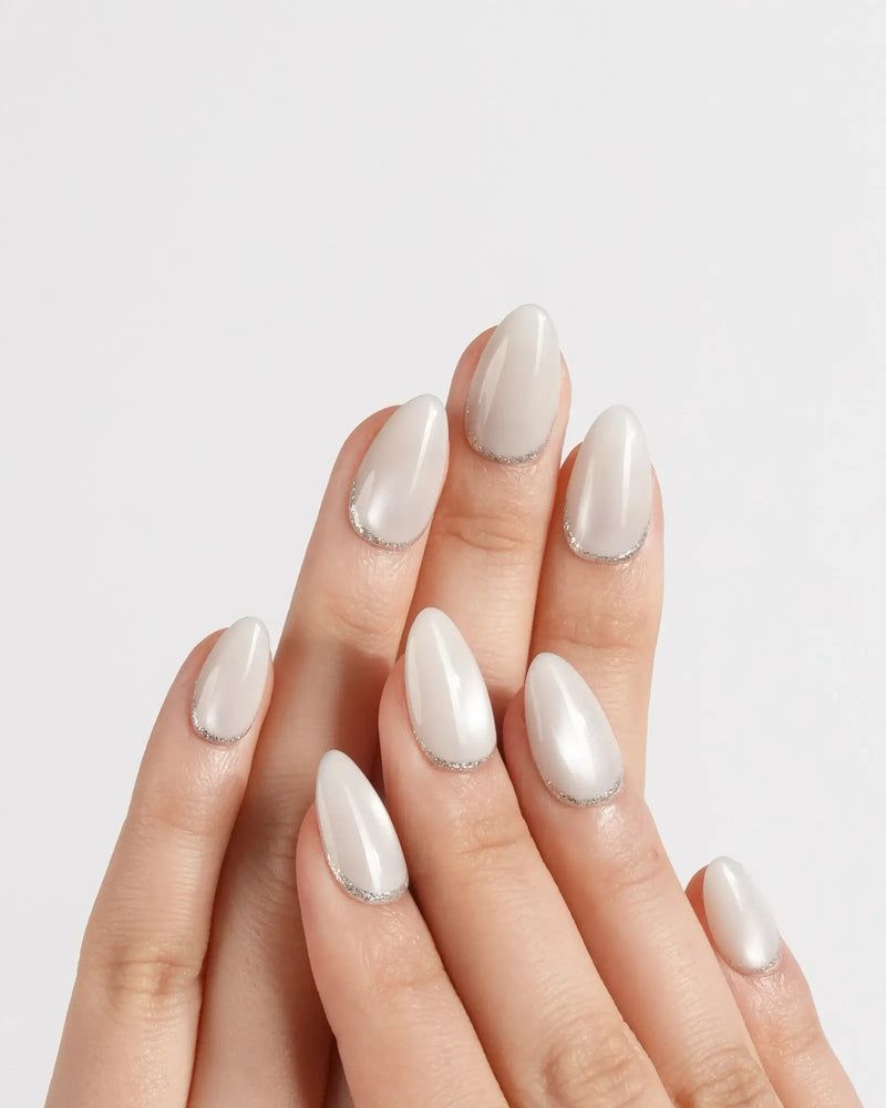 Pearlescent Off-White Glitter Cuticle Almonds — Almond Nails 2027 for Chubby Fingers