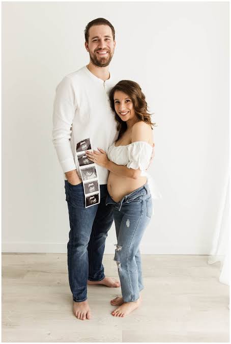 Off-the-Shoulder Top with Ripped Jeans and Ultrasound Photos Off-the-Shoulder Top with Ripped Jeans and Ultrasound Photos — Gender Reveal Outfits 2027