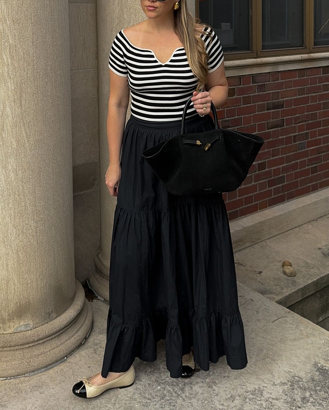 Striped Off-Shoulder Top with Black Tiered Skirt — Tiered Skirt Outfits 2027