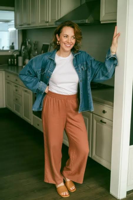 Effortless Comfort: Linen-Blend Pants with Oversized Denim Jacket Effortless Comfort: Linen-Blend Pants with Oversized Denim Jacket — Mom Outfits 2027