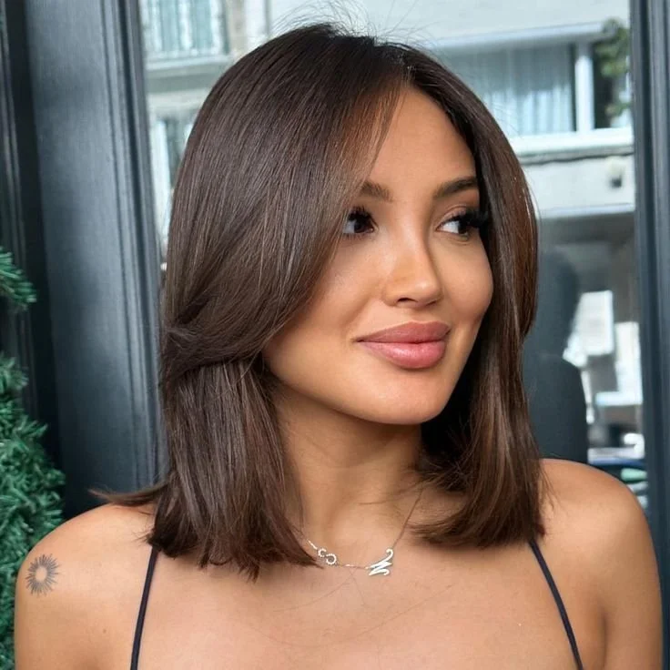 Dark Brown Lob With Face-Framing Layers Dark Brown Lob With Face-Framing Layers — Mom Haircuts 2027