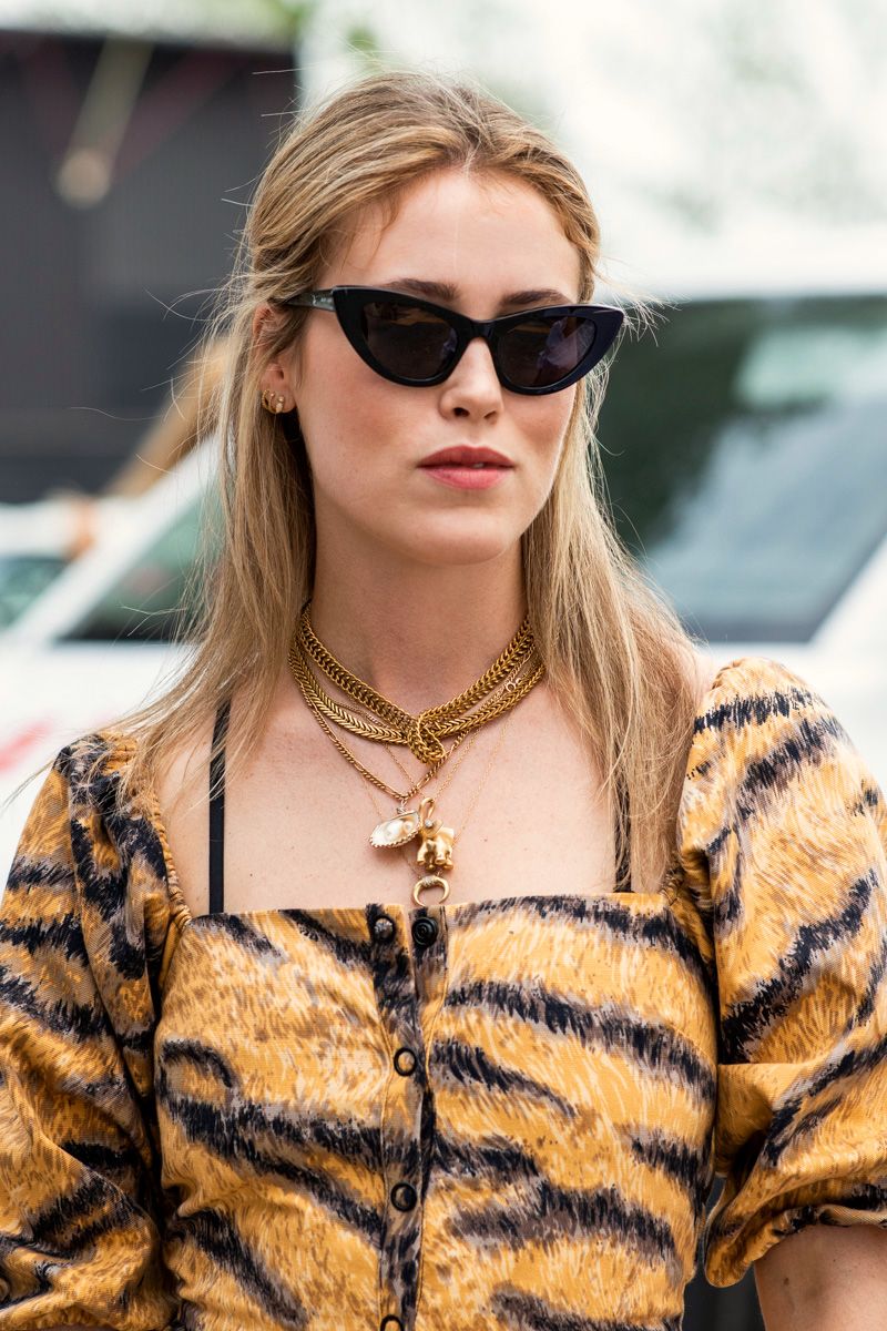 Tiger Print Top and Layered Gold Necklaces with Cat Eyes — Cat Eye Sunglasses Outfits 2027