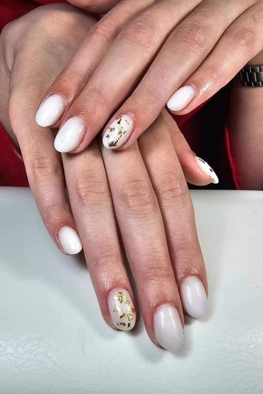 Gold Foil Accents Milky White Medium Oval Gold Foil Accents Milky White Medium Oval — Milky Nails 2027