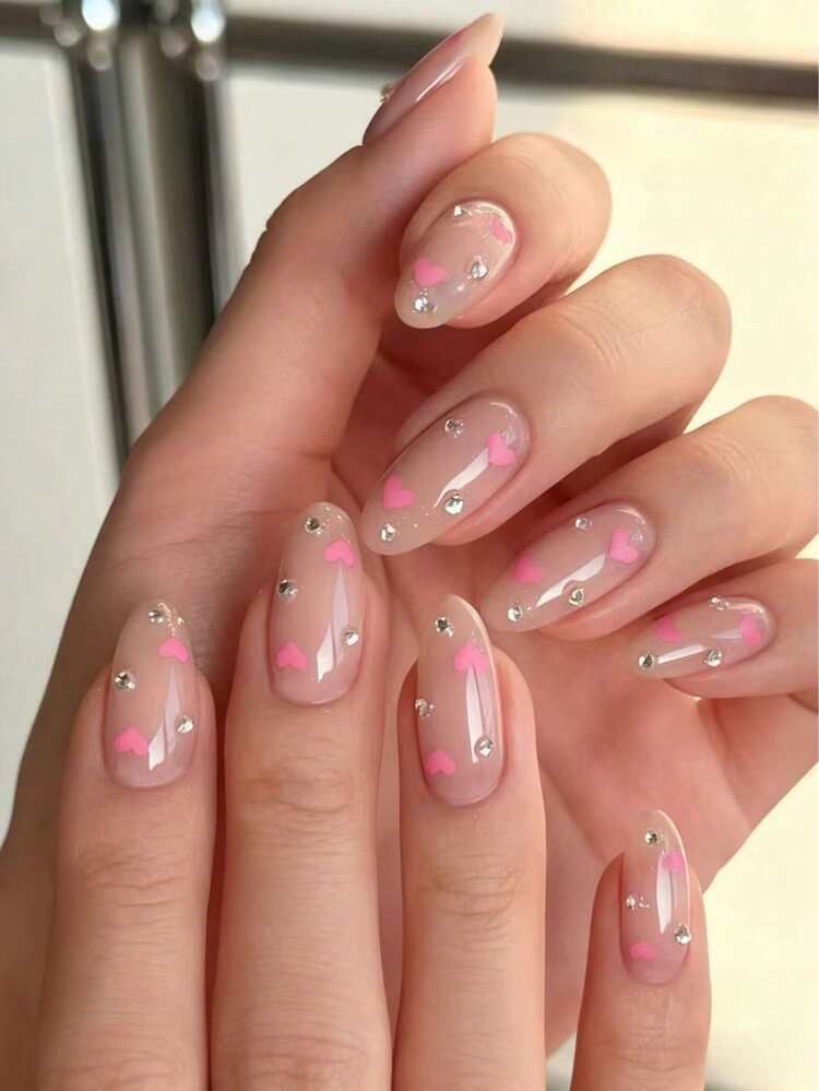 Small Pink Hearts And Clear Rhinestones Visual Idea Small Pink Hearts And Clear Rhinestones Visual Idea — Valentines Press On Nails 2027