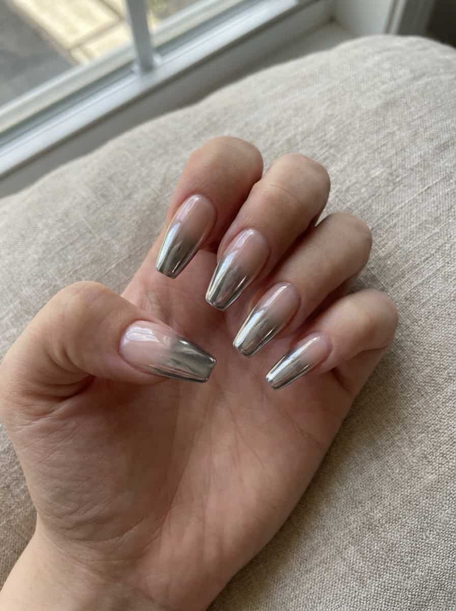 Clear to Silver Chrome Gradient Coffin Nails Clear to Silver Chrome Gradient Coffin Nails — Silver Nails 2027