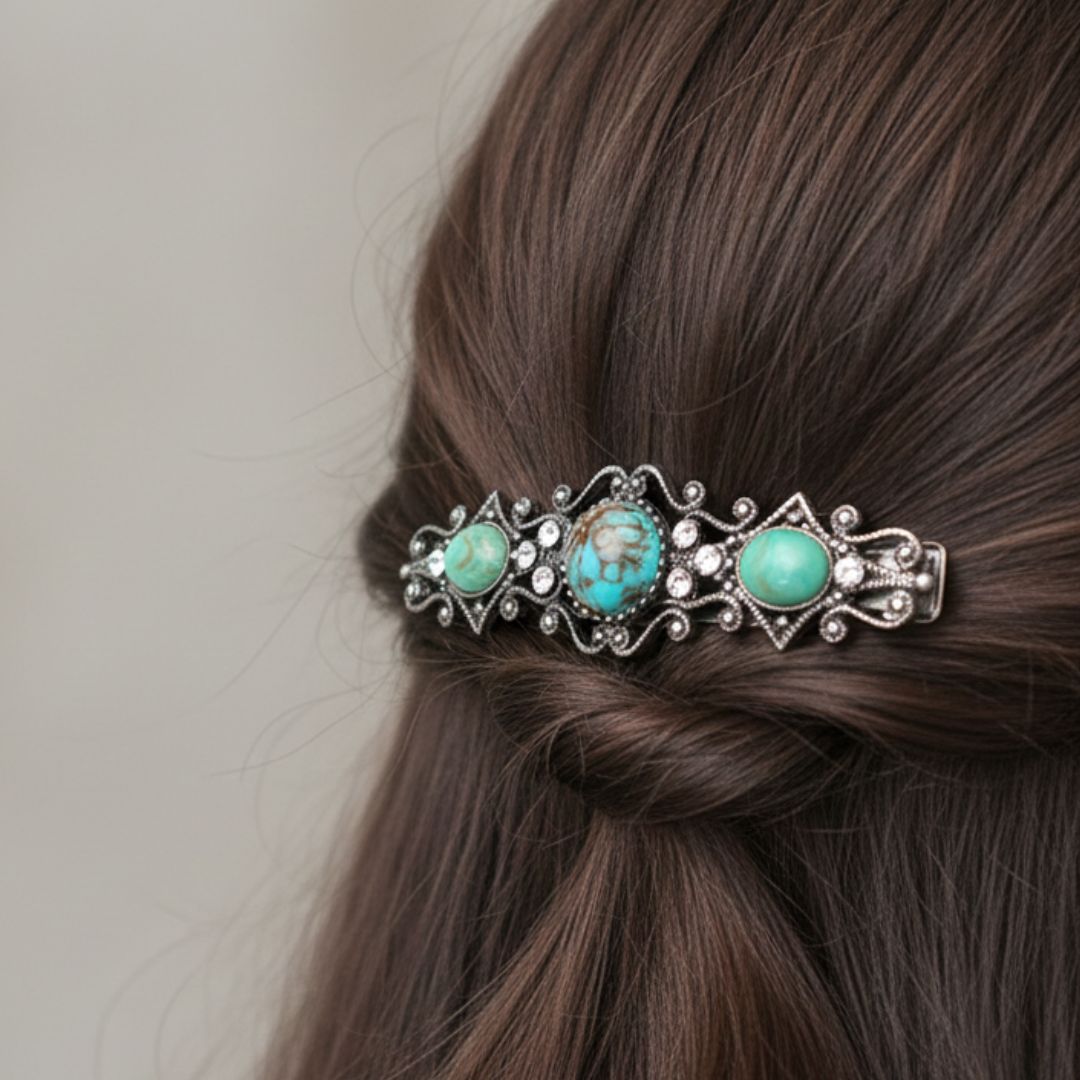 Turquoise Stone Barrette Twisted Half-Up — Barrette Hairstyles 2027