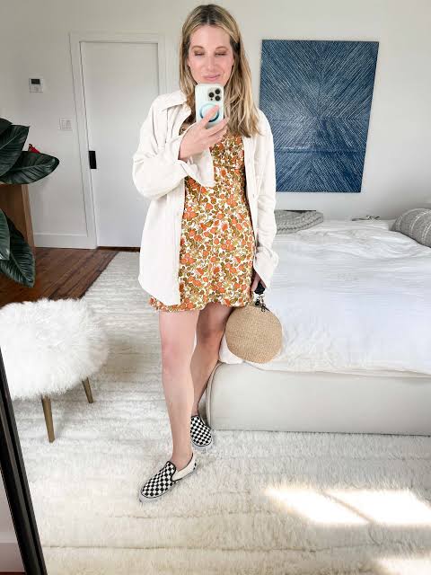 Cream Oversized Shacket with Floral Mini Dress and Sneakers — Shacket Outfits 2027