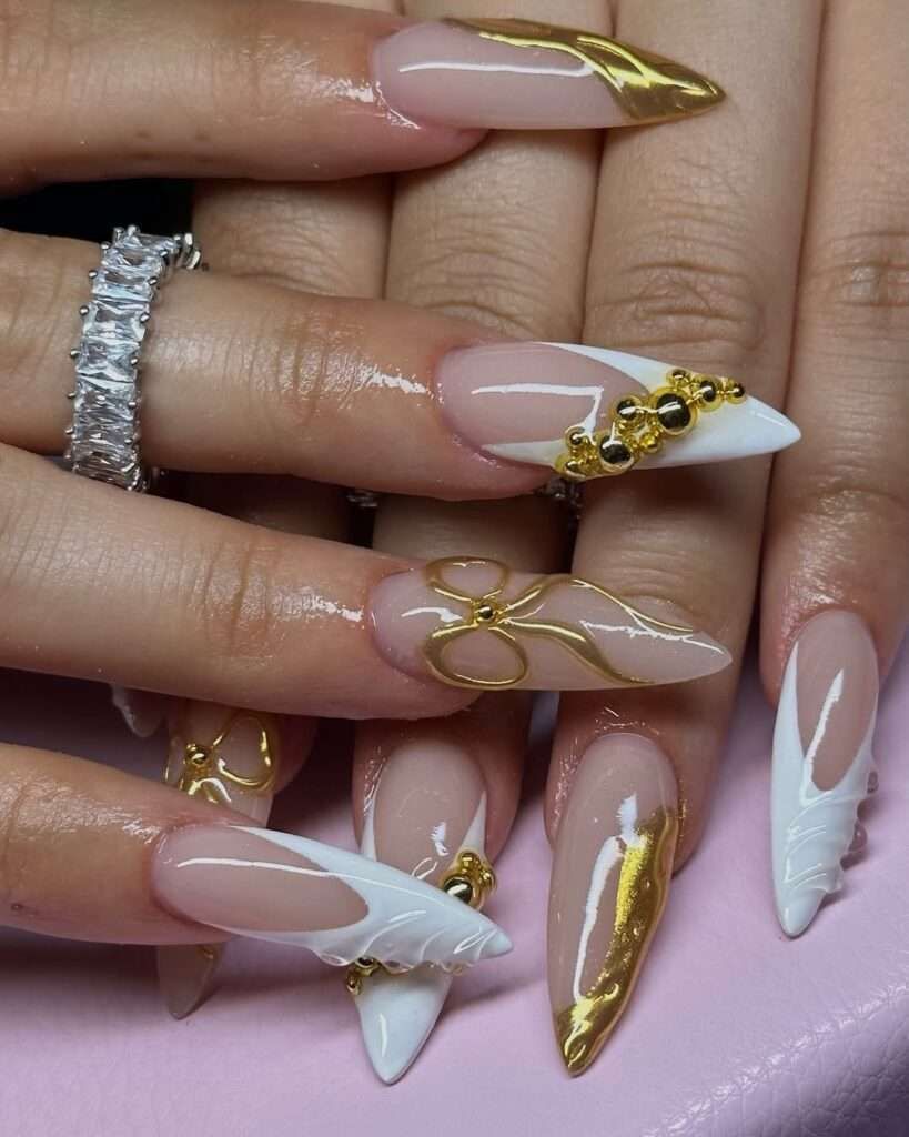 Gold Swirls and Beads on White French Gold Swirls and Beads on White French — Gold Birthday Nails 2027