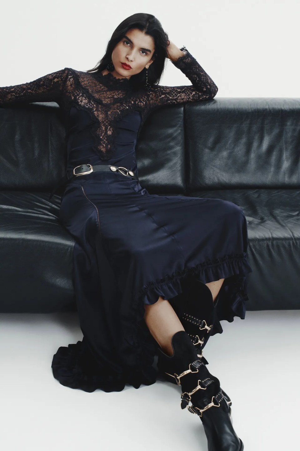Navy Blue Satin Slip Dress Layered Over Black Lace Navy Blue Satin Slip Dress Layered Over Black Lace — Dark Romantic Outfits 2027