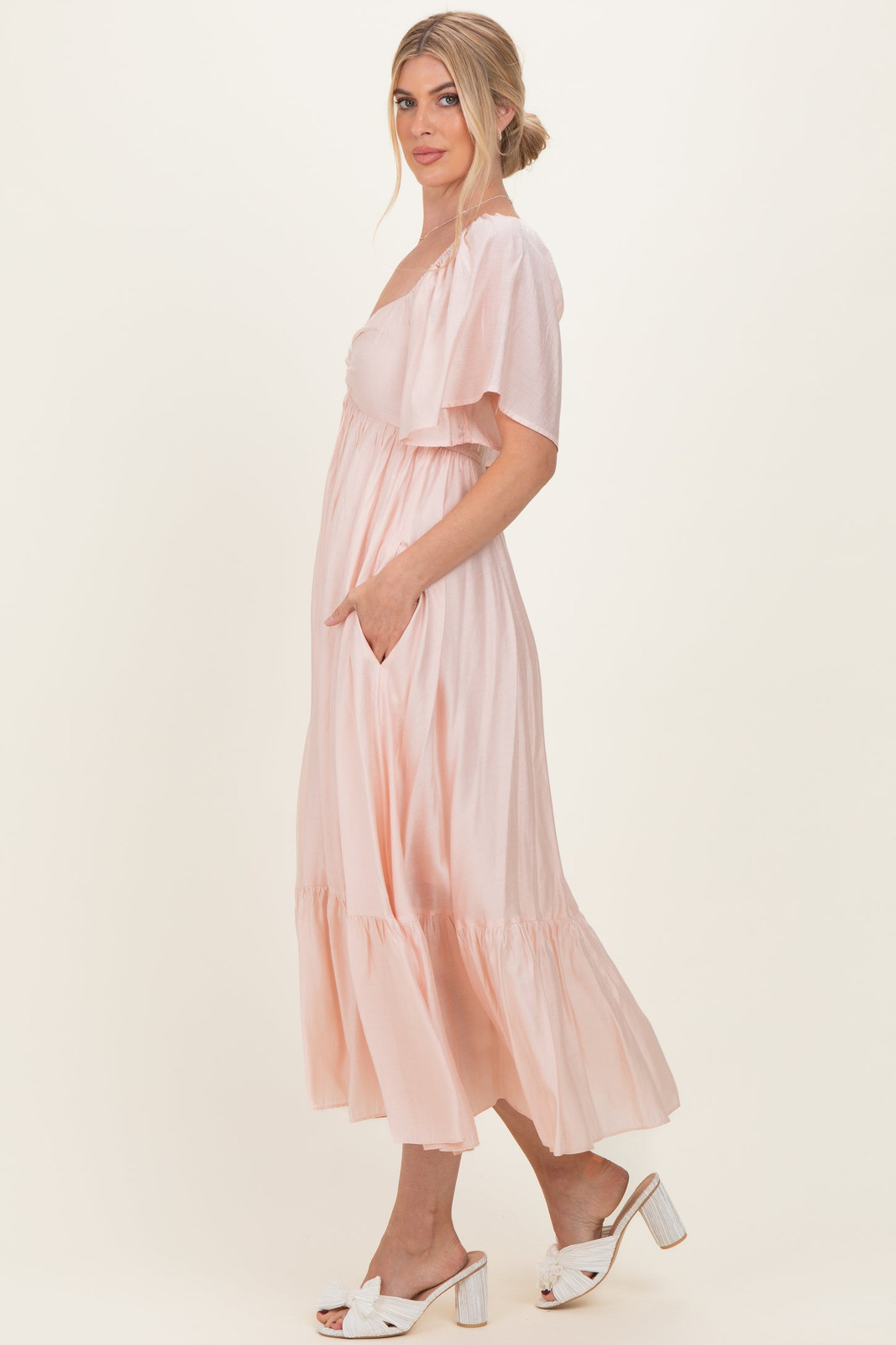 Light Pink Satin Midi Dress with Flutter Sleeves and Tiered Ruffle Hem Light Pink Satin Midi Dress with Flutter Sleeves and Tiered Ruffle Hem — Ruffle Hem Dress 2027