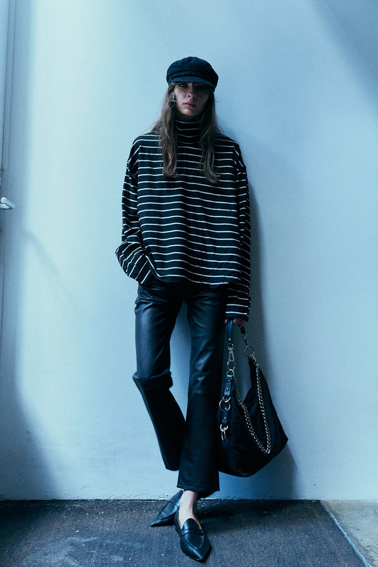Classic Casual: Black Leather Straight-Leg Pants with Striped Turtleneck Classic Casual: Black Leather Straight-Leg Pants with Striped Turtleneck — Leather Pants Outfits 2027