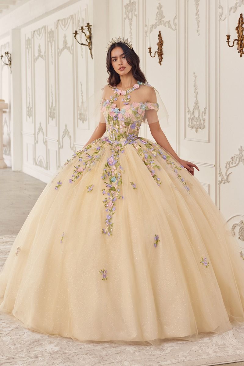 Champagne Ballgown with Sheer Overlay and Pastel Floral Appliques — Champagne Quinceanera Dress 2027