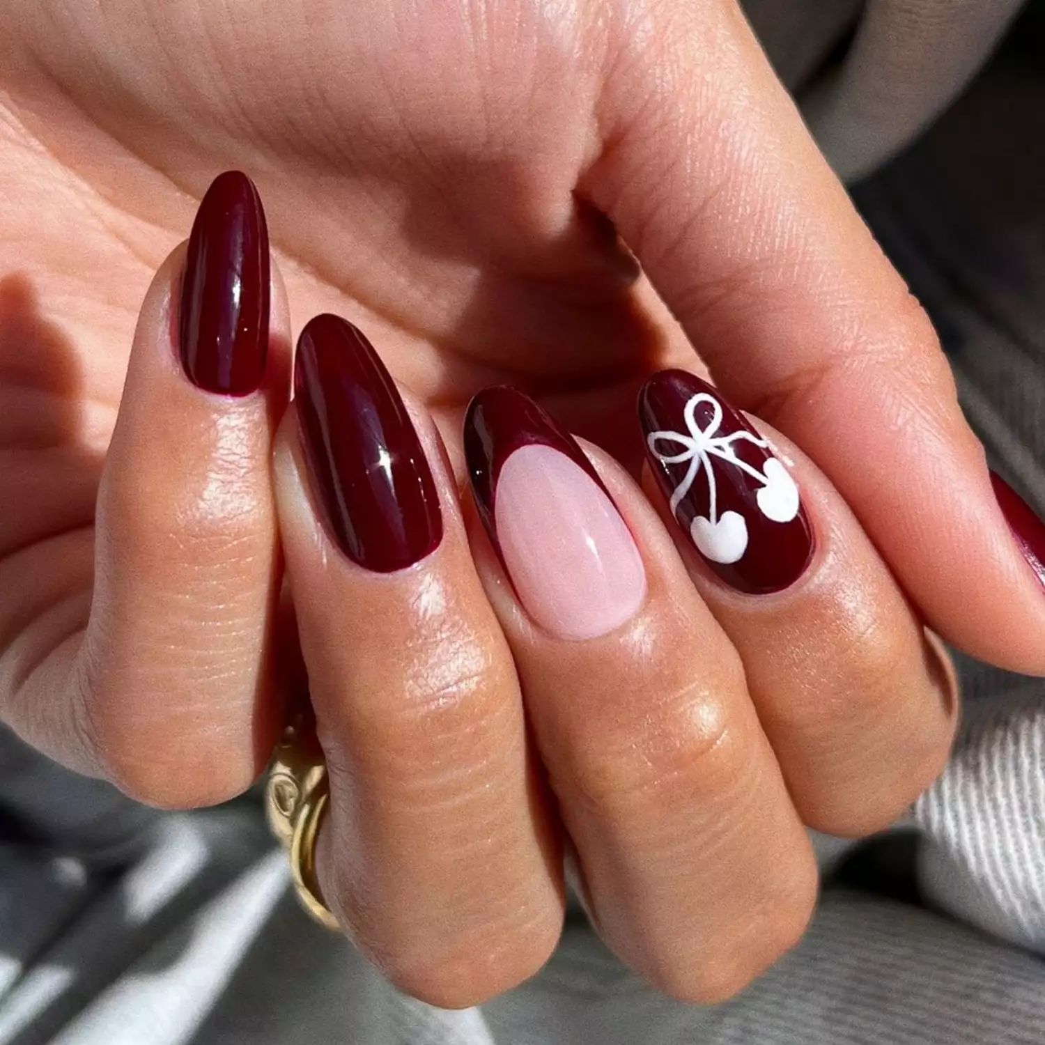 Burgundy With White Cherry & Bow — Burgundy Nails 2027