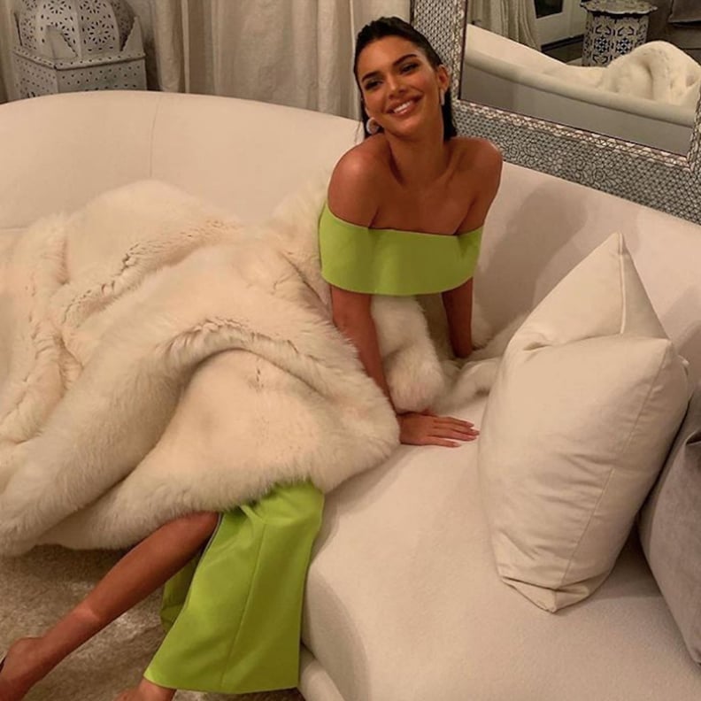 Lime Green Off-the-Shoulder Top with Faux Fur Coat — Green Christmas Outfits 2026