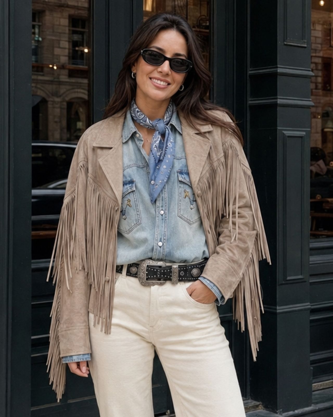 Boho Western: Tan Fringe Jacket with Denim and Bandana Boho Western: Tan Fringe Jacket with Denim and Bandana — Fringe Jacket Outfits 2027