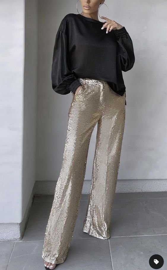 Satin Blouse Meets Gold Sequined Trousers Satin Blouse Meets Gold Sequined Trousers — Christmas Party Outfits 2026