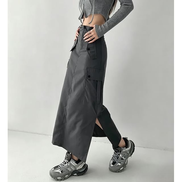 Grey Maxi Cargo Skirt with Thigh-High Slit — Cargo Skirts 2027