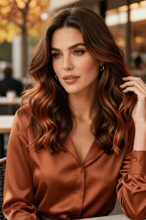 Rich Brunette With Burnished Copper Highlights — The Hair Is Thick And Wavy — Burnished Brunette 2027
