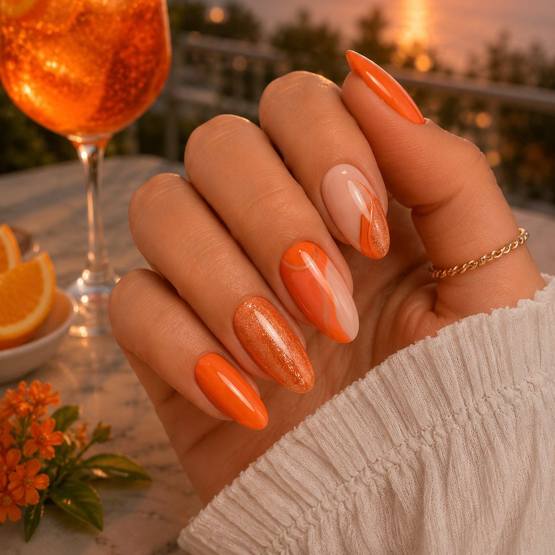 Abstract Orange Beige Swirl Oval Nails Abstract Orange Beige Swirl Oval Nails — Orange Summer Nails 2027