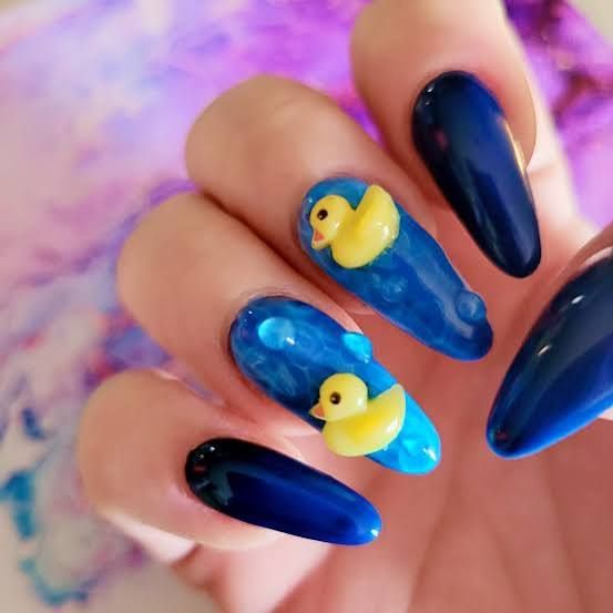 Long Coffin Blue Nails with Duck Art Long Coffin Blue Nails with Duck Art — Blue Duck Nails 2027
