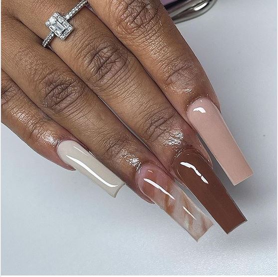 Neutral Tones with Marble Effect Accent — Long Coffin Nails 2027
