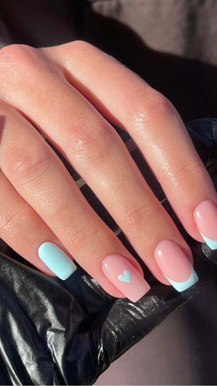 Pale Pink with Light Blue French Heart — Baby Shower Nails 2027