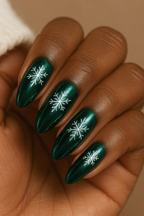 Emerald Green Metallic with White Snowflakes — Long Christmas Nails 2026