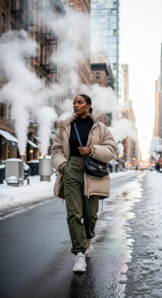Beige Puffer Coat and Cargo Pants for Casual City Winter Days — Snow Outfits 2027