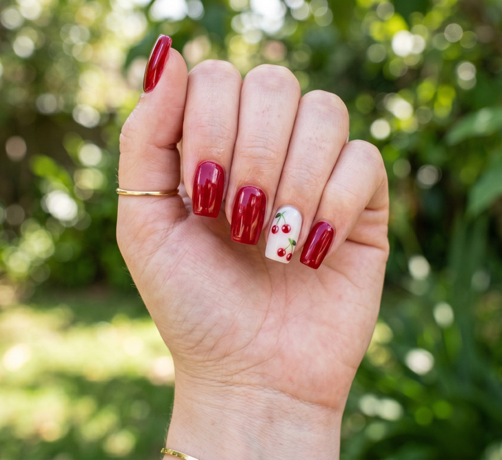 Red with Cherry Accent Nail Red with Cherry Accent Nail — Summer Nail Trends 2027