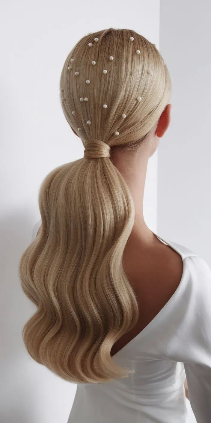Ash Blonde Ponytail With Pearl Embellishments — Bridesmaid Ponytail Hairstyles 2027
