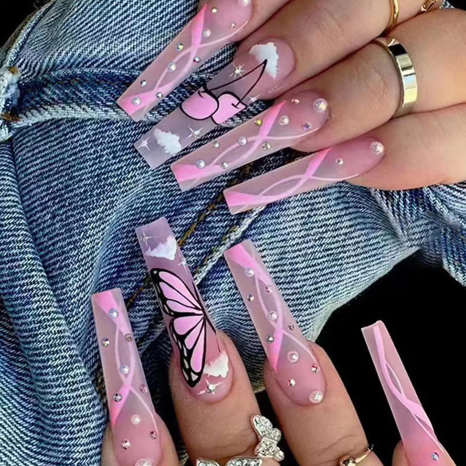 3D Rhinestone Pearl Butterfly Nails 3D Rhinestone Pearl Butterfly Nails — Long Butterfly Coffin Nails 2027