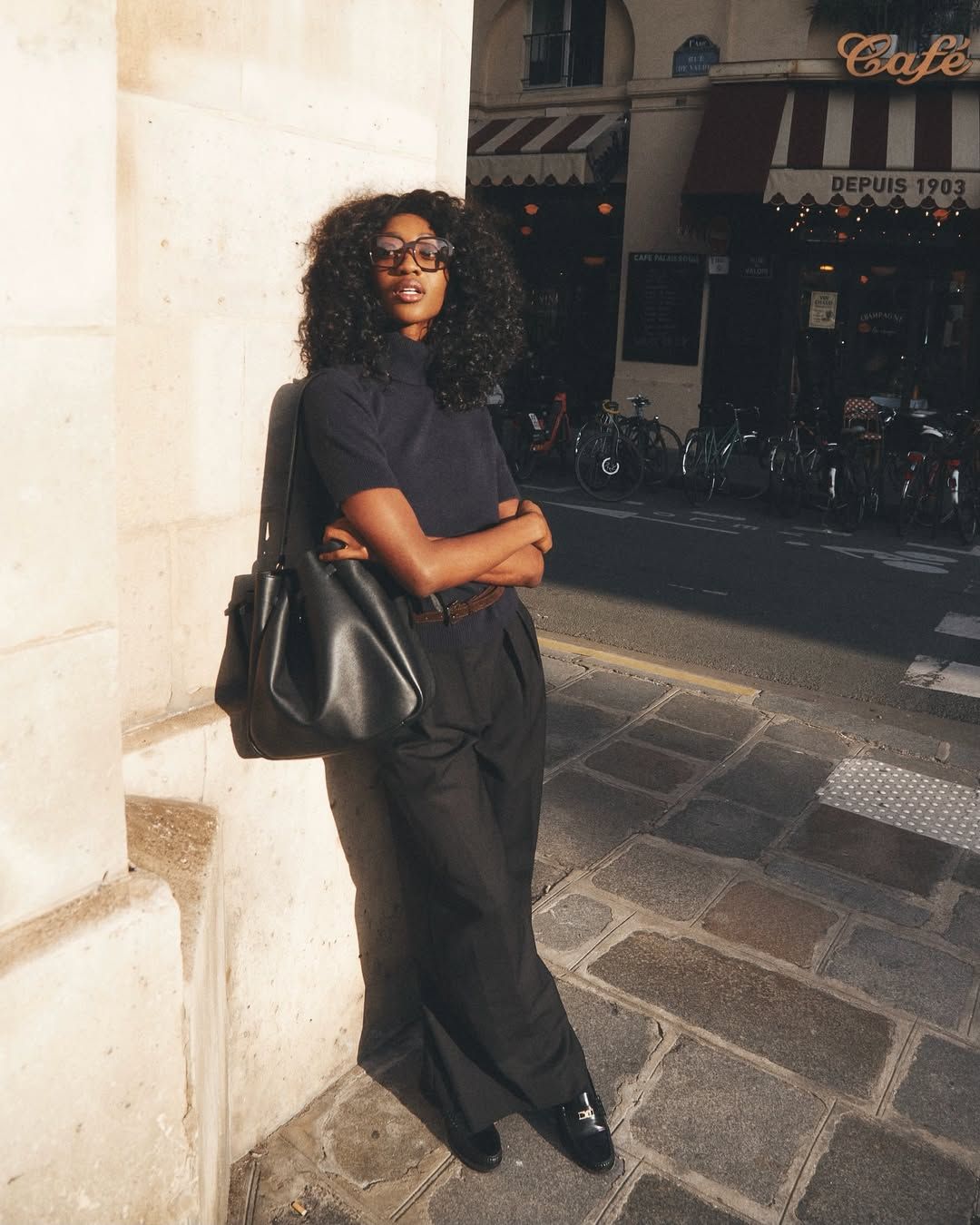Wide-Leg Trousers and Navy Turtleneck with Black Loafers Wide-Leg Trousers and Navy Turtleneck with Black Loafers — Spring Outfits 2027 with Loafers