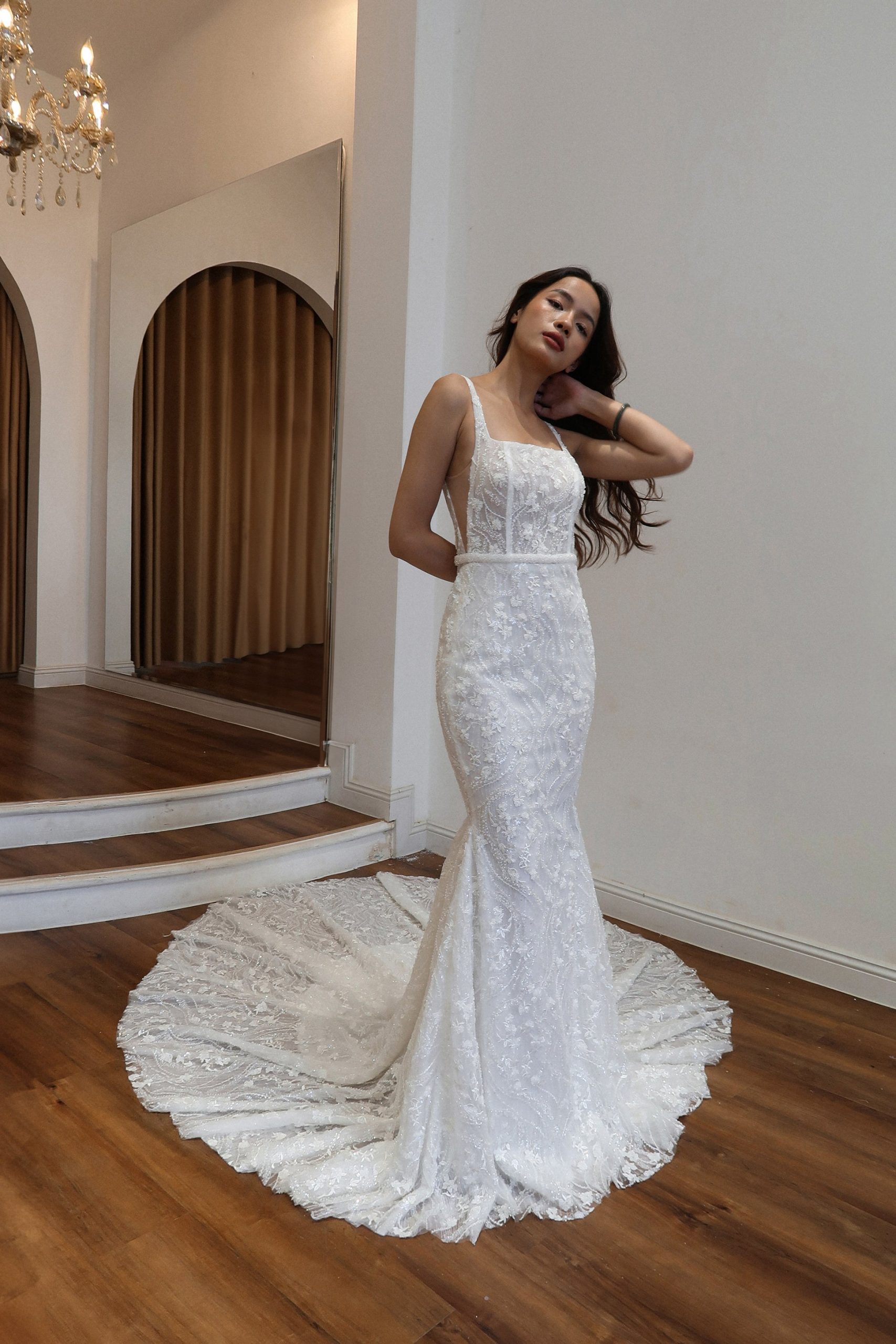White A-Line Wedding Dress with Square Neckline and Puffy Lace Sleeves White A-Line Wedding Dress with Square Neckline and Puffy Lace Sleeves — Square Neck Wedding Dresses 2027