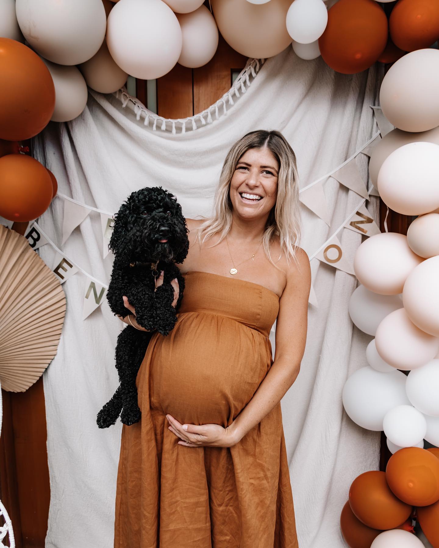 Burnt Orange Strapless Maxi Dress with Empire Waist — Baby Shower Outfits 2027