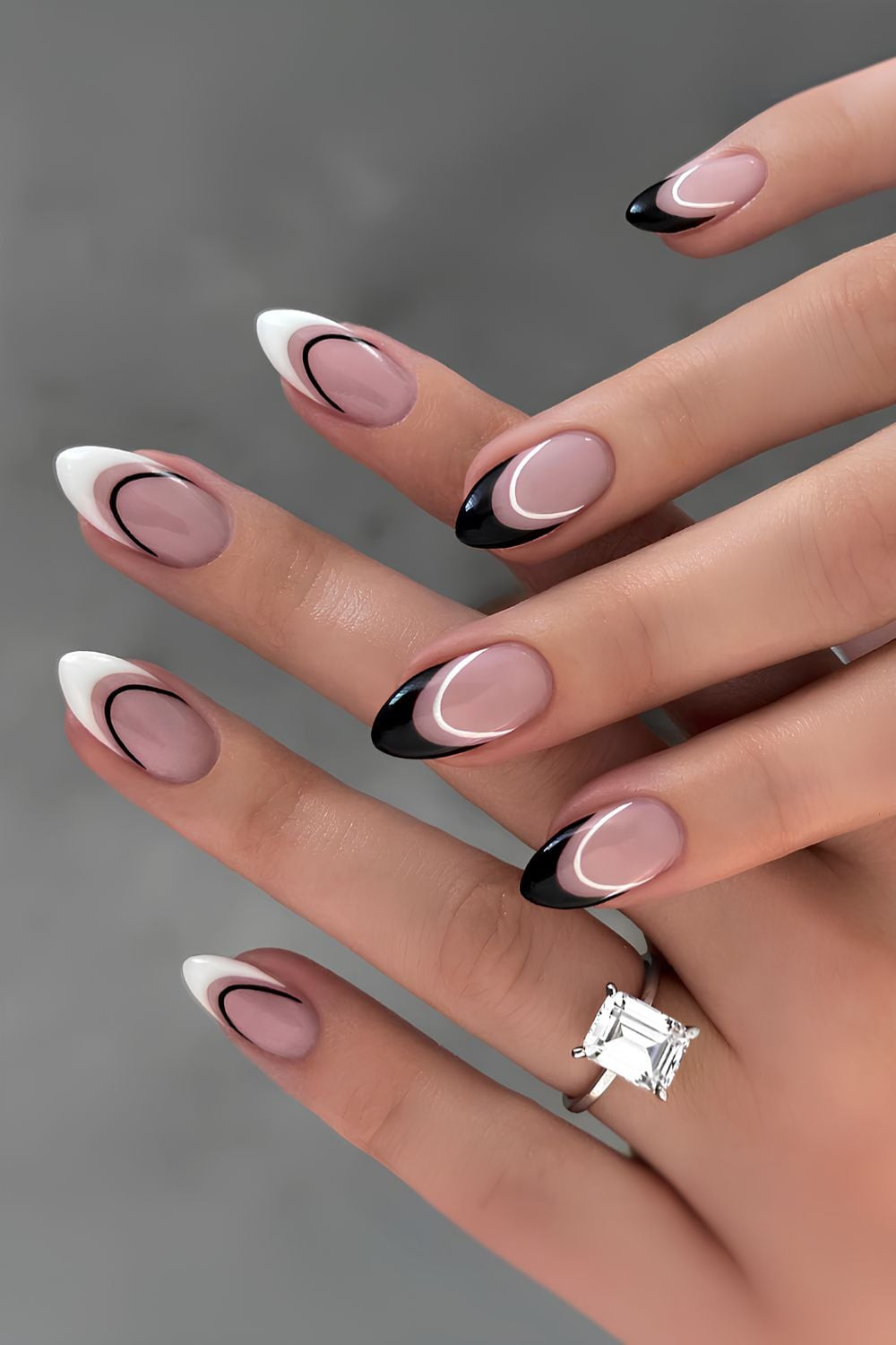 White and Black Outline Double French Almond — Short Double French Tip Nails 2027