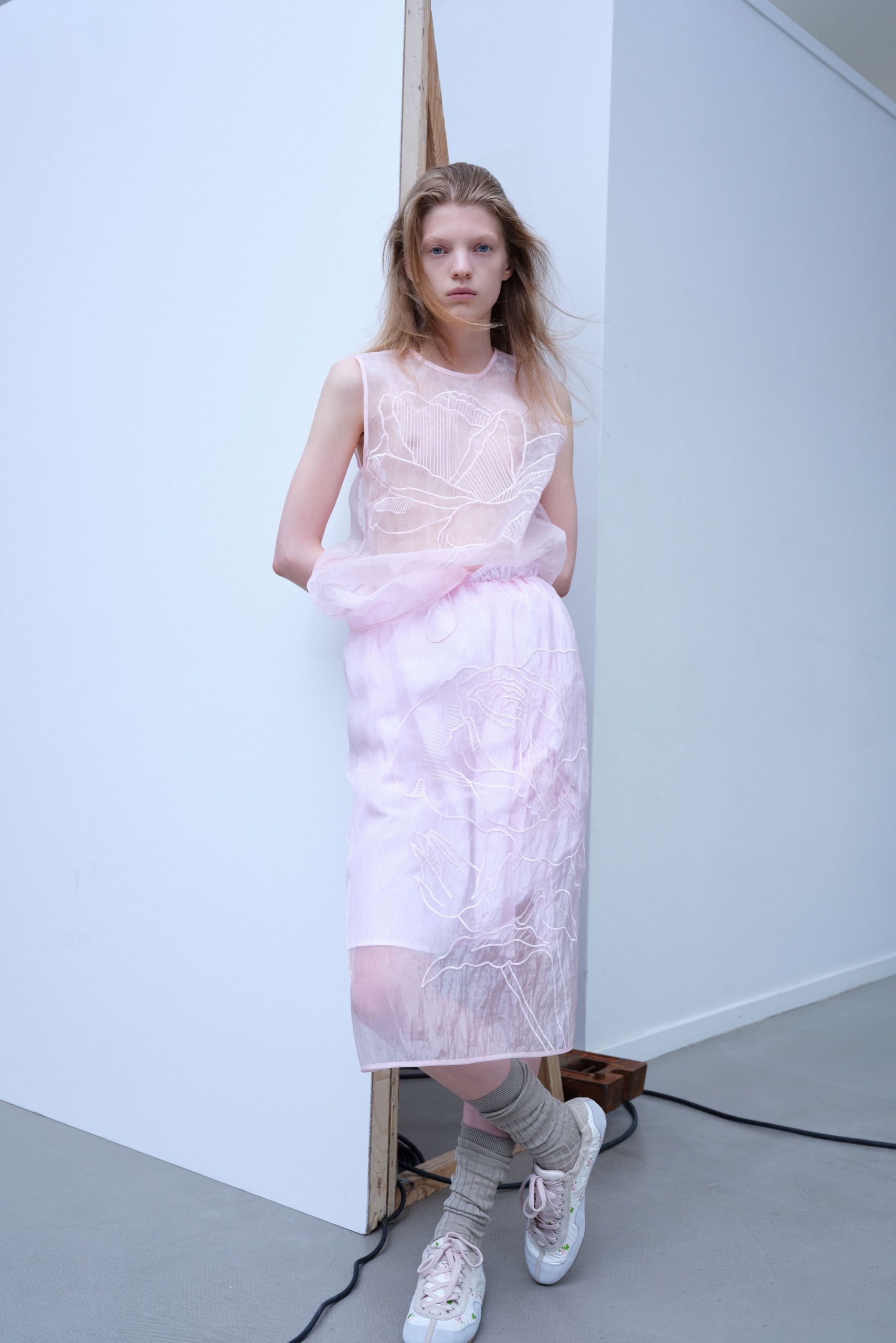 Sheer Pale Pink Embroidered Top with Midi Skirt for a Fashion Look — Pink Outfits 2027