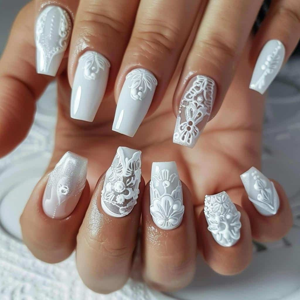 Opaque White 3D Applique Coffin Nails Opaque White 3D Applique Coffin Nails — White Stamping Nails 2027